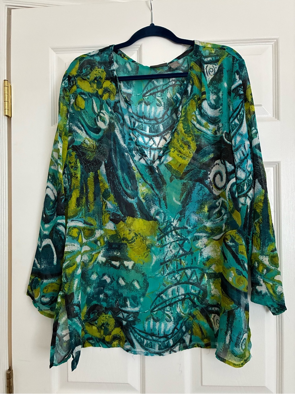 Chico's Teal and Lime Abstract V-Neck Top